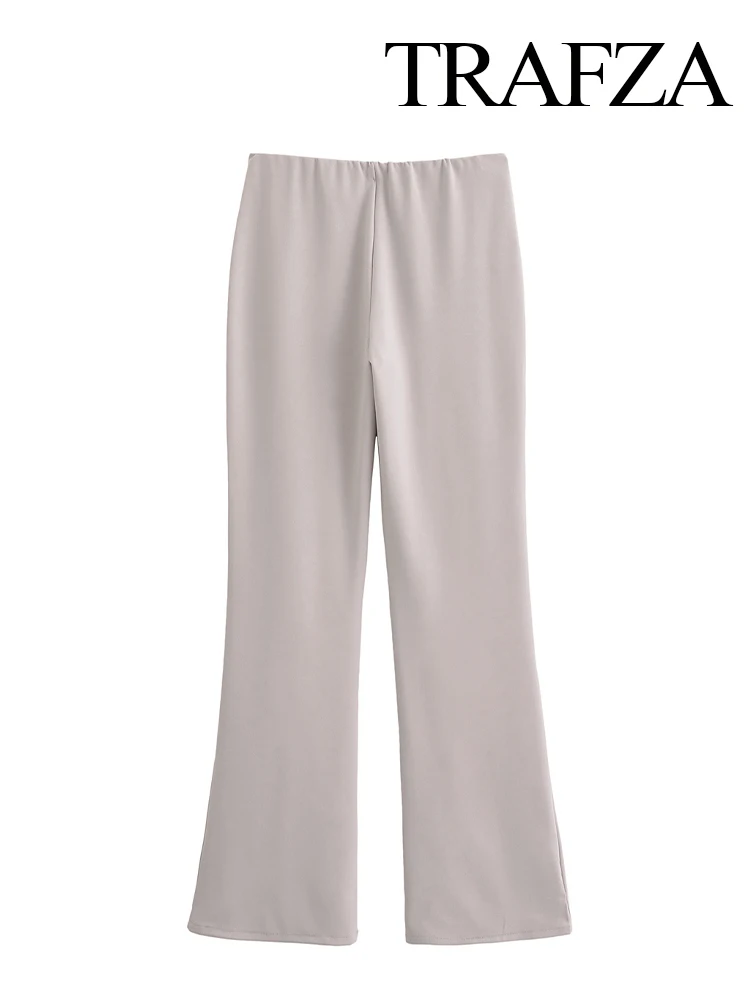 TRAFZA Women's Simple Fashion Belted Double-Faced Fabric Flared Trousers Female Elegant High Street Casual Ankle Length Pants