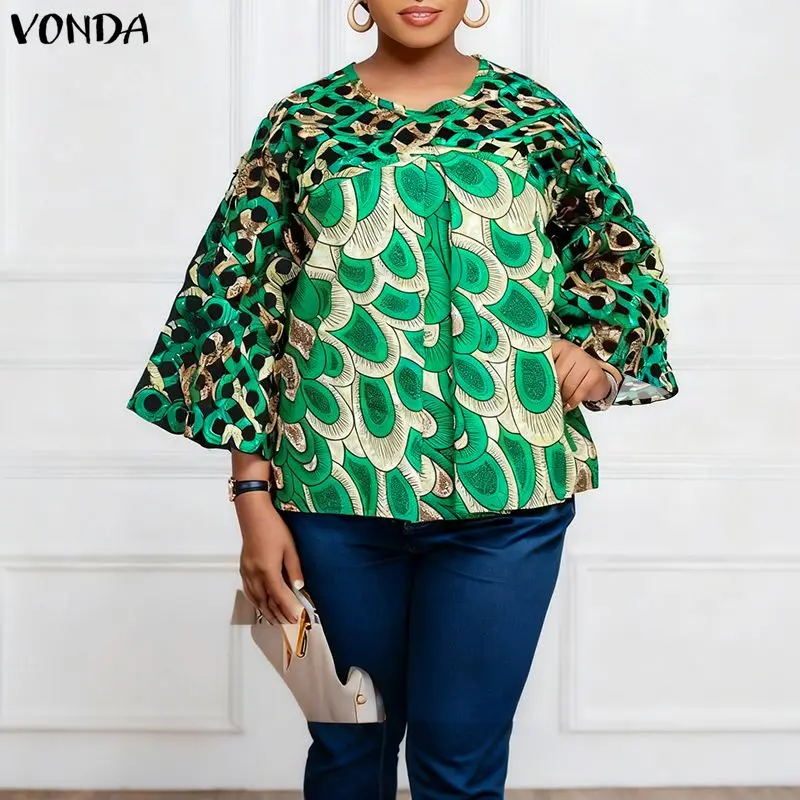 

Винтажная блузка VONDA размера плюс 5XL, женские осенние богемные топы с расклешенными рукавами и принтом, 2025 г., модные свободные повседневные рубашки с круглым вырезом, Blusas