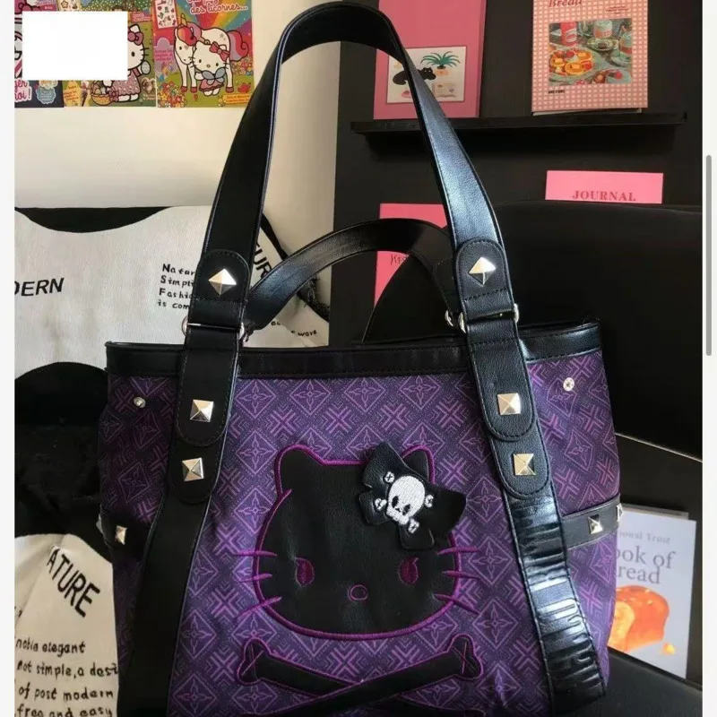 Sanrio Hello Kitty Vintage Patchwork Purple Armpit Bag Subculture Y2K Sweet Spicy Girl Handbag Gothic Trendy Versatile Tote Bag