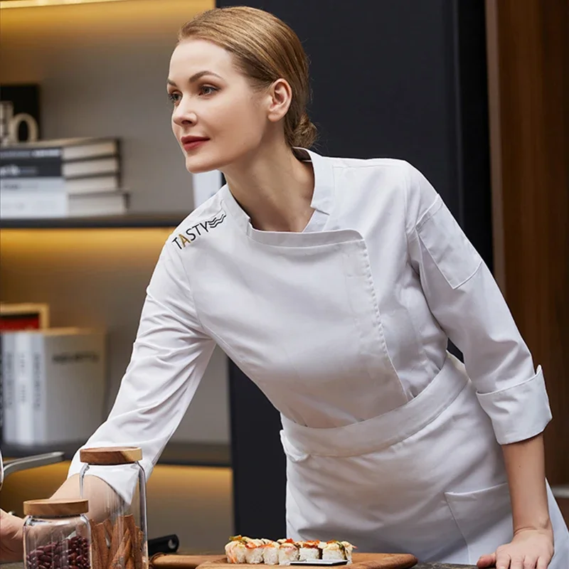 レストラン女性シェフジャケットホテル女性キッチン制服ケータリング調理コート長袖ベーカリー通気性作業服