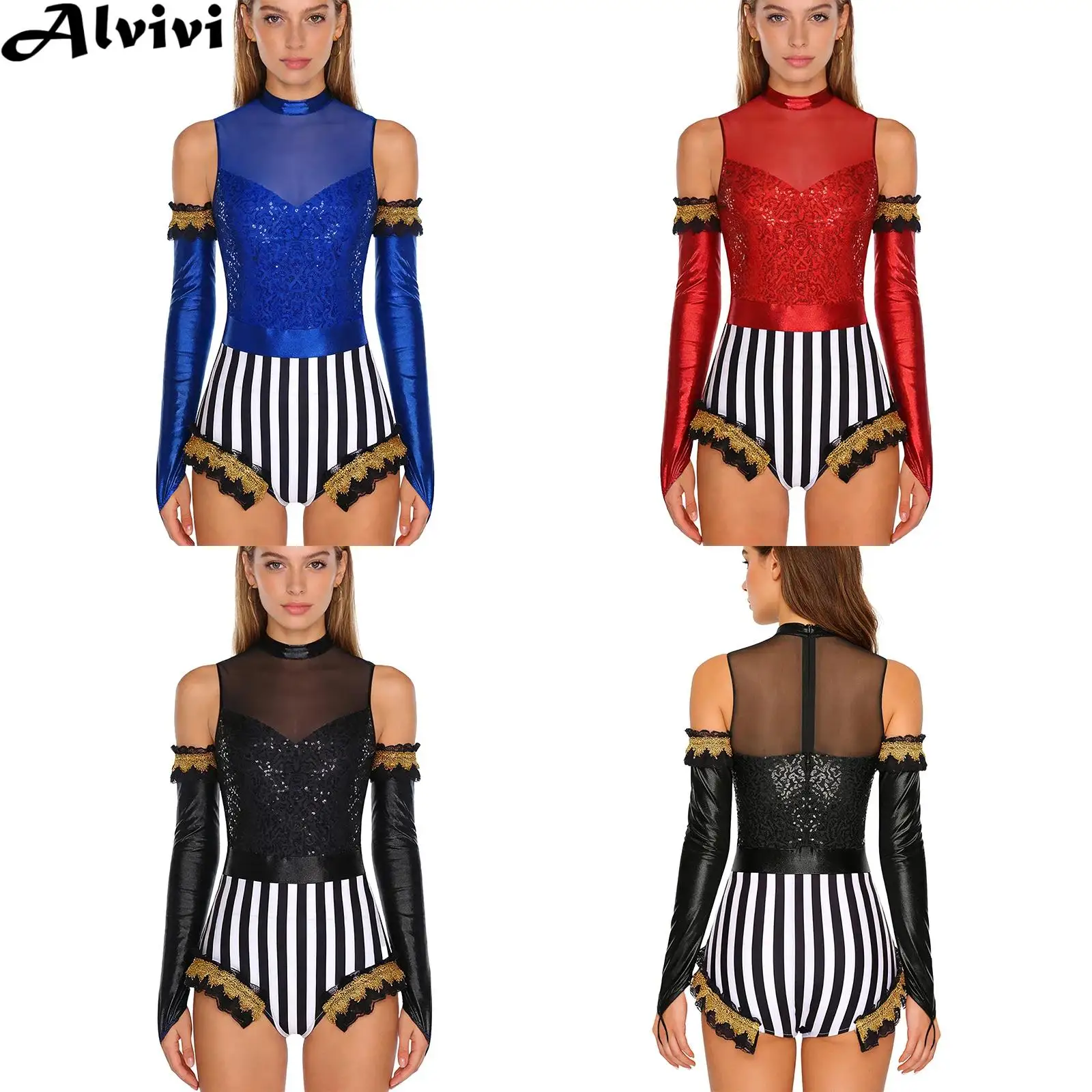 Women Circus Ringmaster Bodysuit Shiny Sequin Mesh Dance Leotard with Metallic Sleeves Halloween Carnival Clown Cosplay Costume