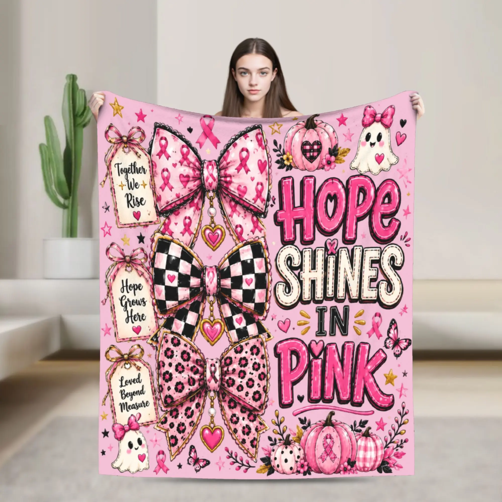 Breast Cancer Awareness Pink Ribbon Hope Together We Rise Halloween Blanket Velvet  Warm Throw Blankets for Travel Bedroom Quilt