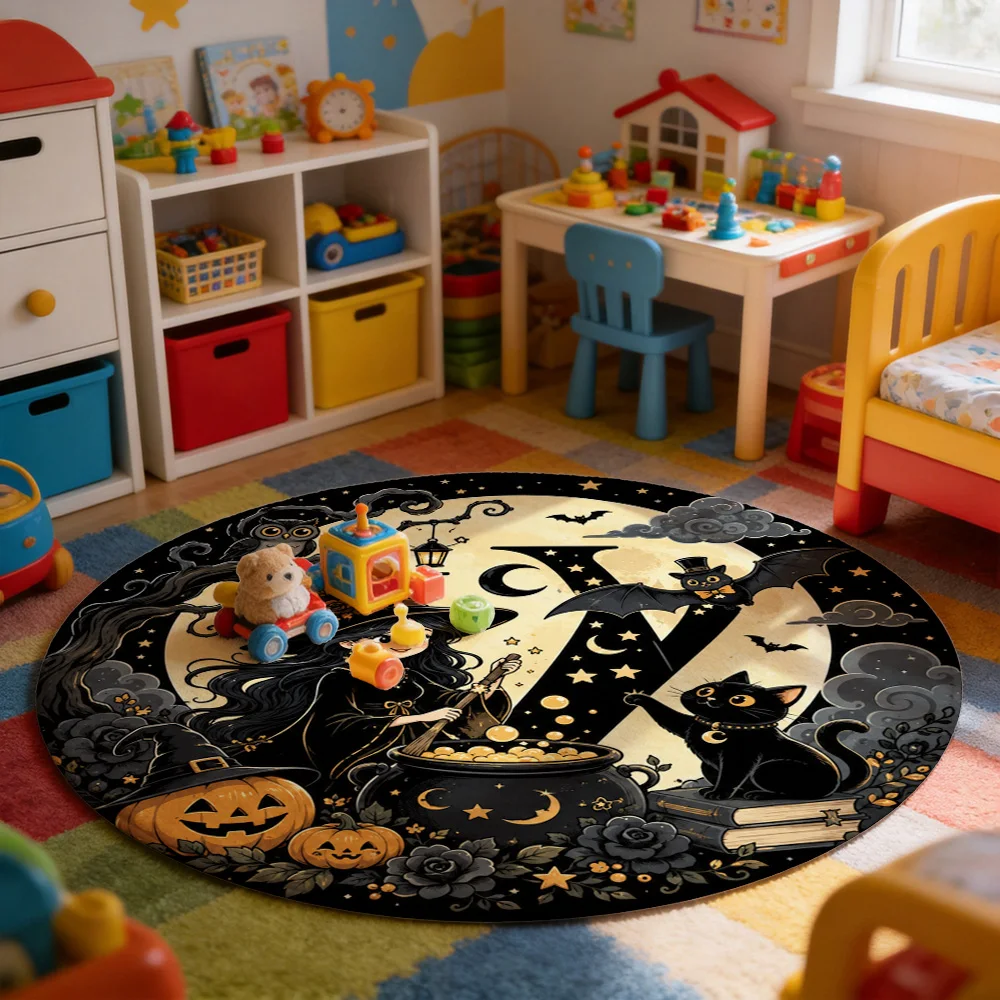 Halloween Witch Magic Pot Circle Rug Autumn Spooky Season Decor Witchcraft Costume Throw Mat