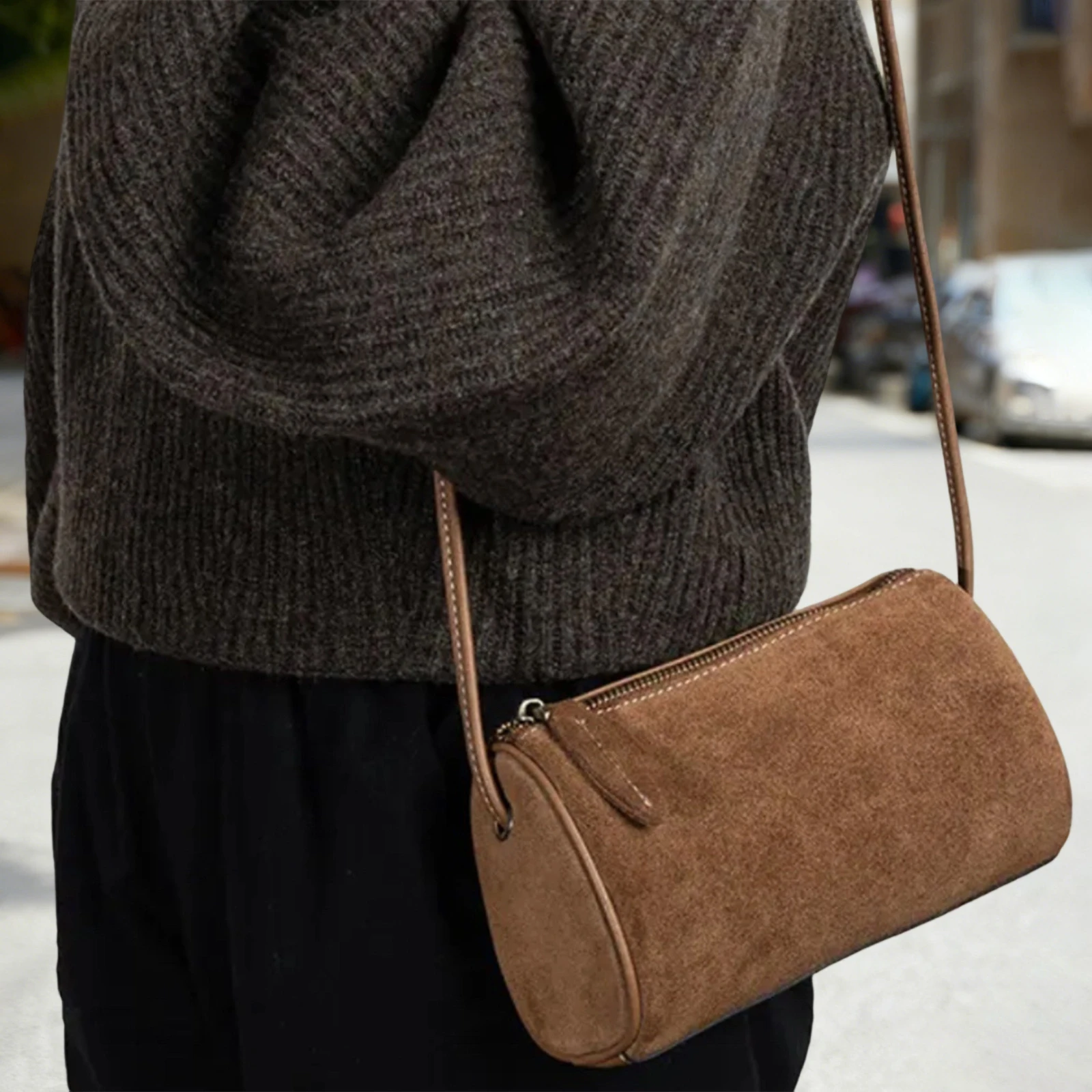 

Женская модная матовая замшевая сумка через плечо, модная легкая сумка через плечо цилиндрической формы