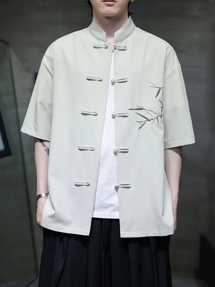 

Мужская летняя дышащая рубашка с коротким рукавом из полиэстера, в стиле ретро, с вышивкой бамбуковых листьев, в китайском стиле, костюм Тан, пятикварцевая рубашка