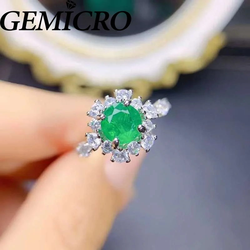 Gemicro 925 Sterling Silver Jewelry High Quality Round 6mm Natural Emerald Crystal Engagement Ring Wedding Men Women Wear Gift