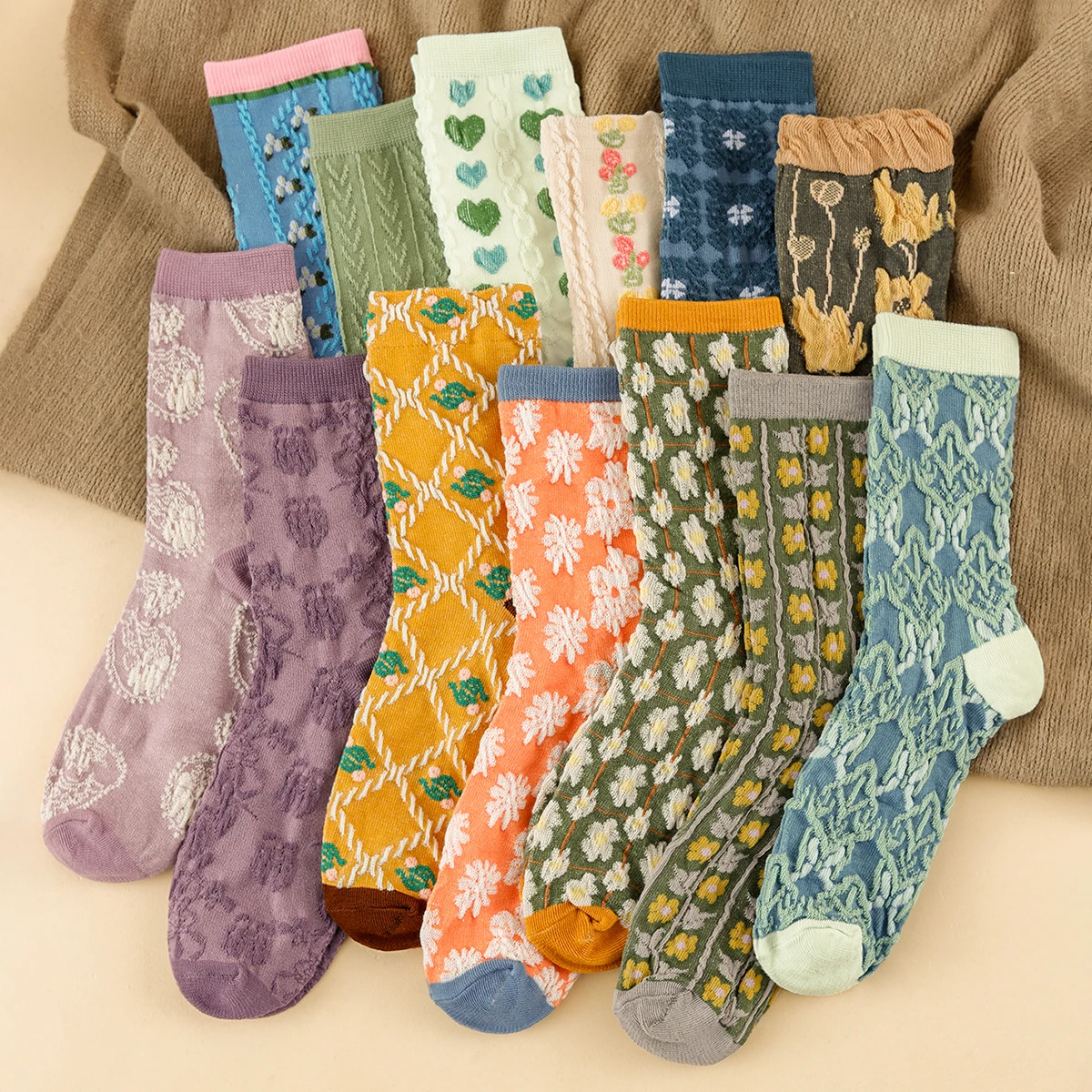 1/5/10/15/20 Pairs Women Vintage Floral Heart Mid Calf Socks, Soft Breath Preppy Versatile Casual Matching Socks