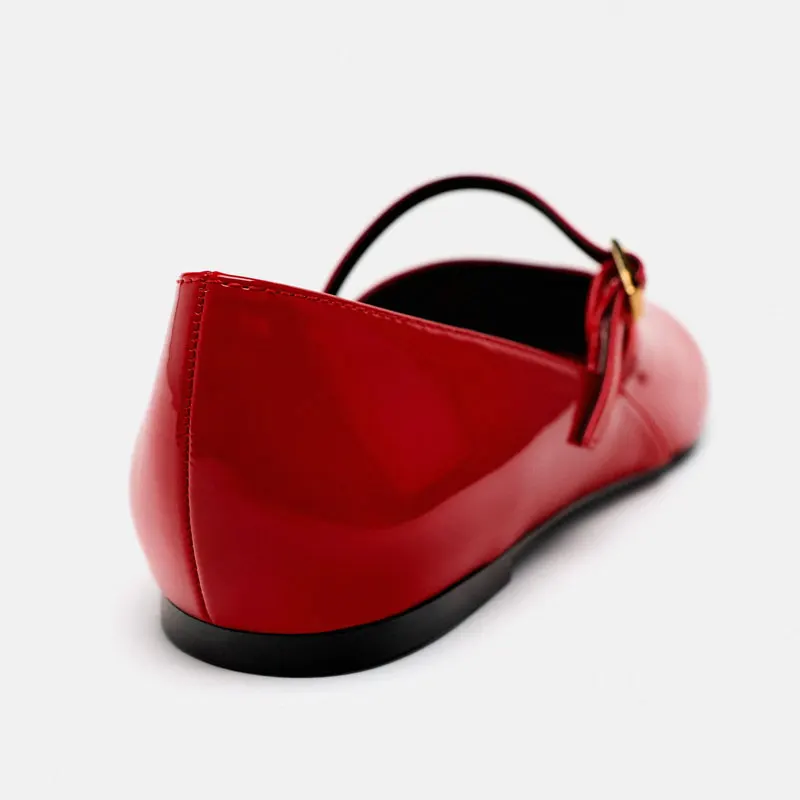 2024 Summer New Mary Jane Shoes Woman Patent Leather Square Toe Ballet Flats Shoes Red Buckle Single Shoes For Women