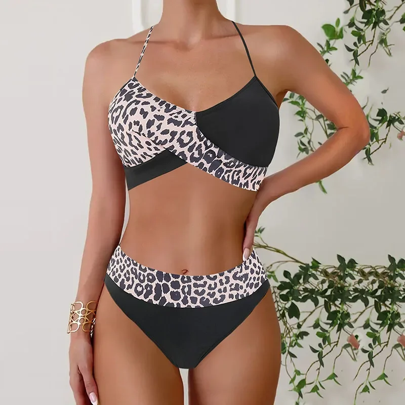 

New Plus Size Sexy Cross Triangle Bikini Print Hanging Neck High Waist Split Swimsuit Women's Two-piece Set