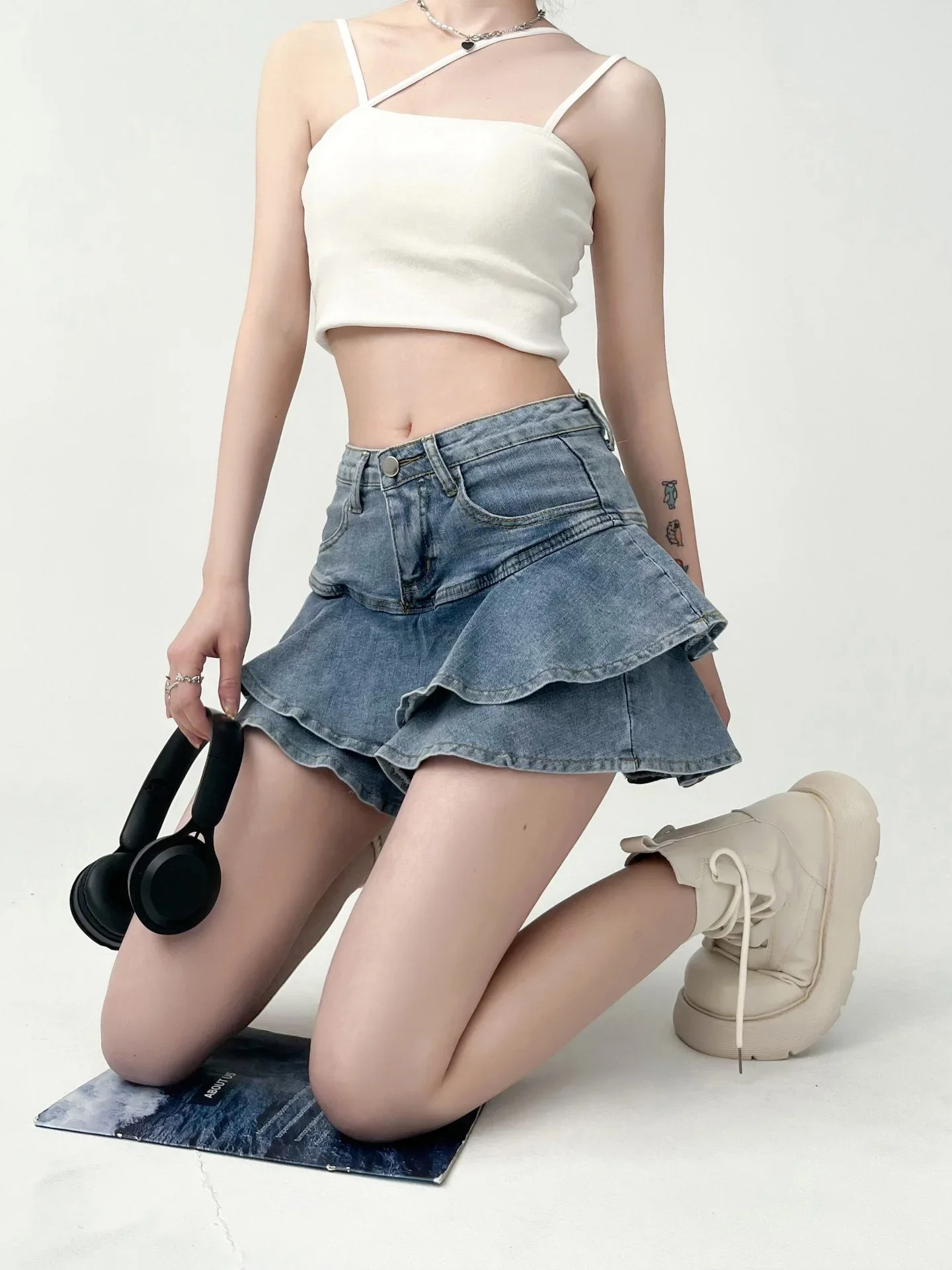 

Spice Girls Denim Skirt Anti-Slip Double Denim Skirt Women's Stretch High-Waisted Slimming A-Line Cake Skirt