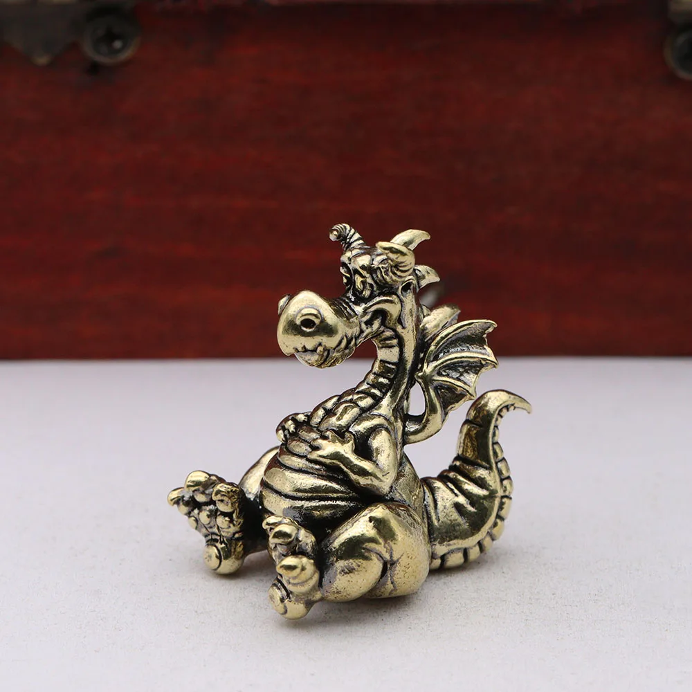 Brass Cartoon Flying Dragon Small Statue Desktop Ornaments Vintage Animal Figurines Model Home Decorations Crafts Accessories ﻿