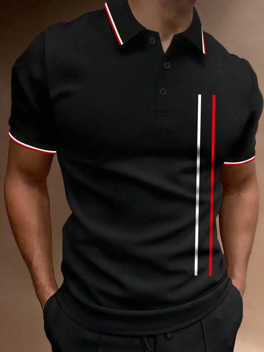 

Men's Black Short Sleeve Polo Shirt with Red and White Trim Stripes