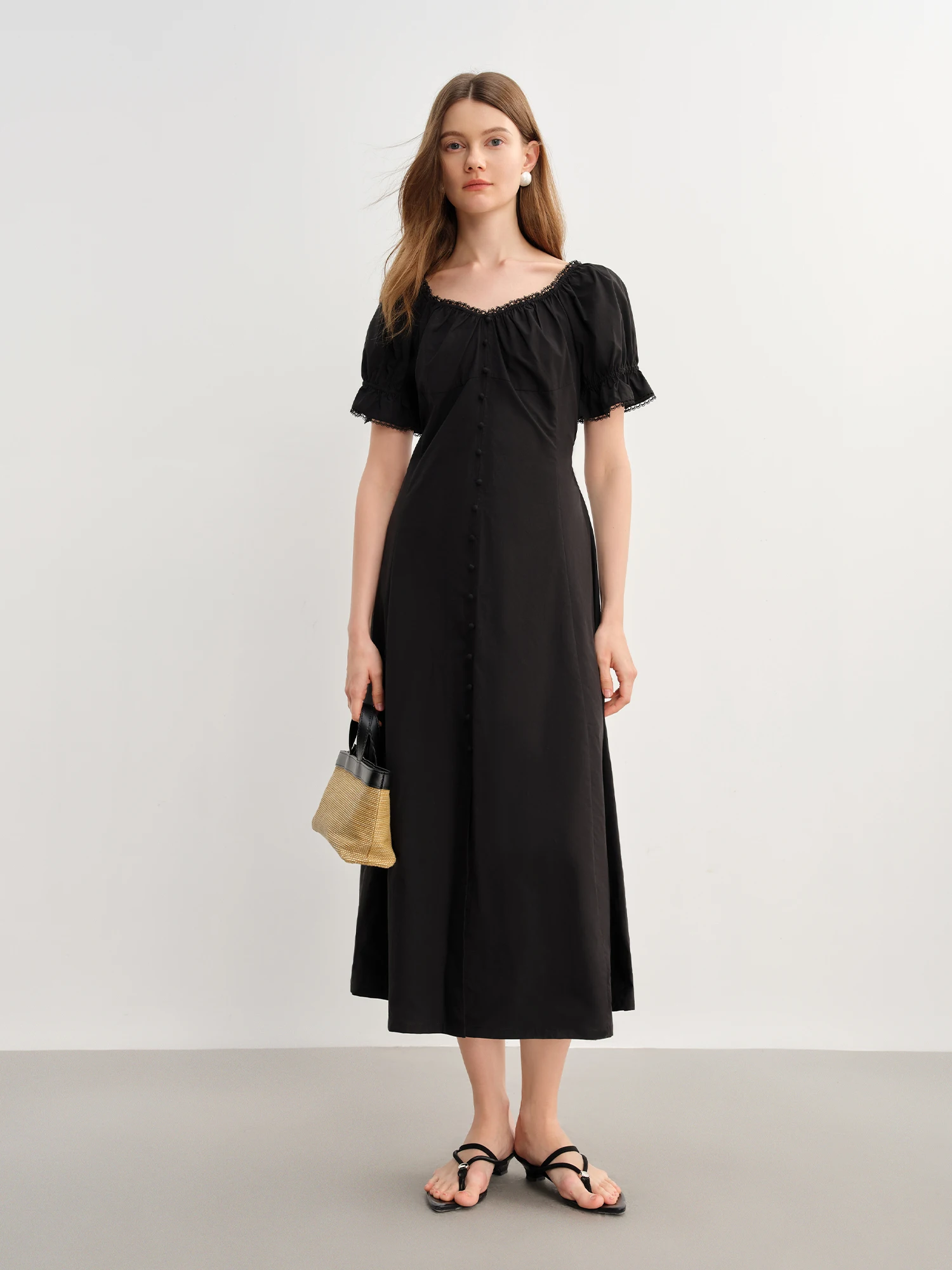 DUSHU grande taille femmes Style français élégant col en dentelle manches bouffantes robe 2025 été nouveau tempérament longue robe 25DS82829