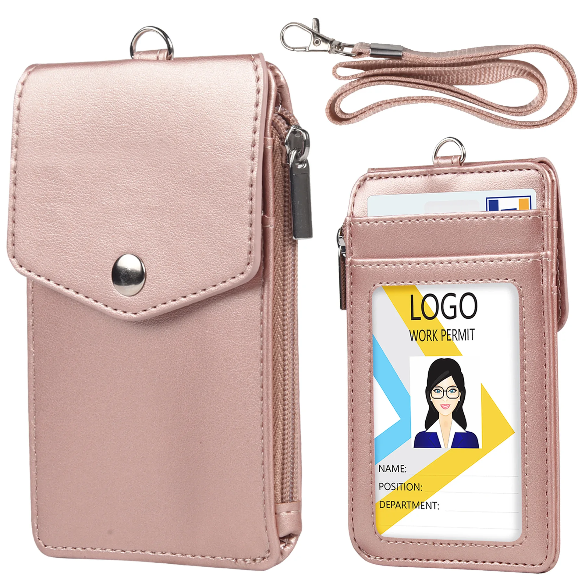 1PC Women Men Work Credit Card Holder Wallet with Neck Strap Zipper Hasp 5 Slots Student Staff ID Card Bus Desk Organizer Purse