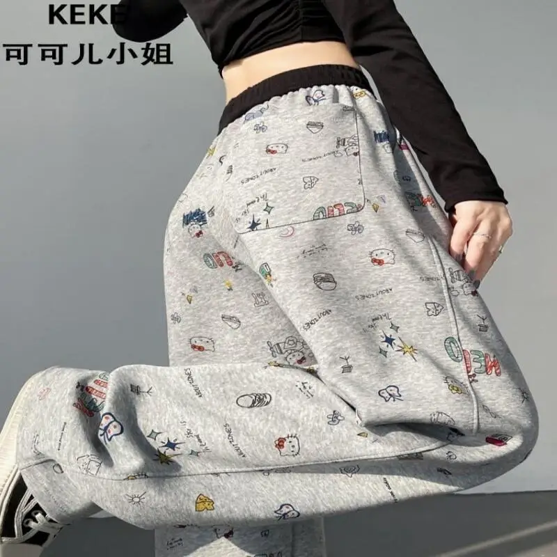 Sanrio Cute Trousers Hello Kitty Sweat Pants Grey Spring and Autumn Style Student College Style Pants Sports Floor Mopping Pants