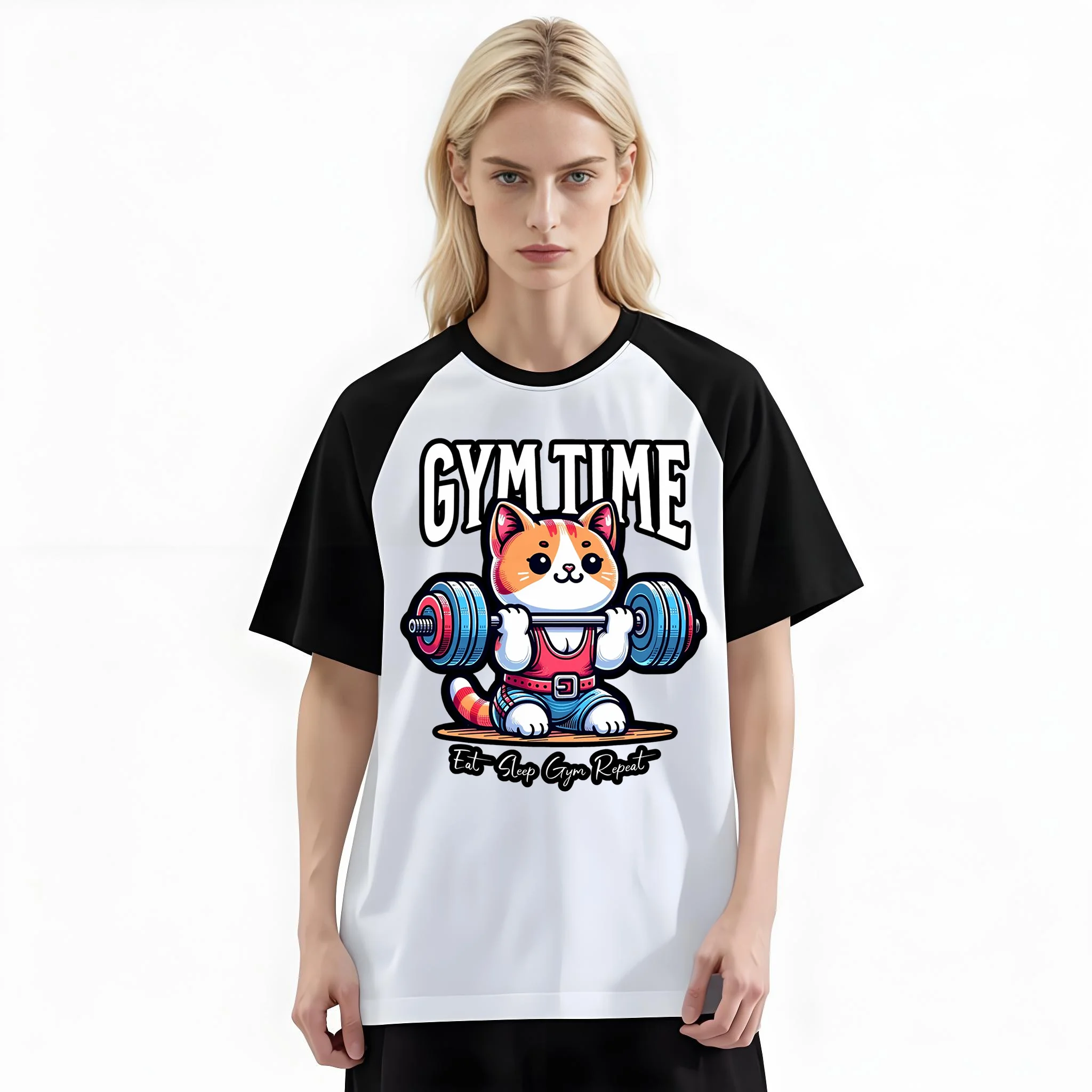 Women'S Fashion Raglan Sleeve T-Shirt, Gym Time Lifting Orange Cat Cute Fitness Cartoon Printed, Summer Casual Comfortable Tee, Women'S Everyday Short-Sleeve Top