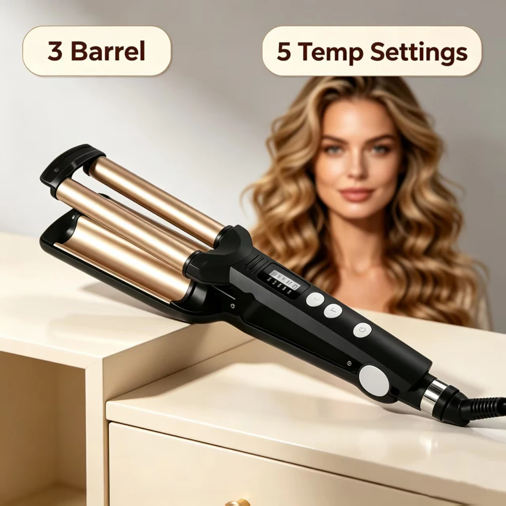 LR 3 Barrel Hair Waver Ceramic Triple Barrel Curling Iron 5 Temperature Levels Beach Wave Hair Styling Tool For Women
