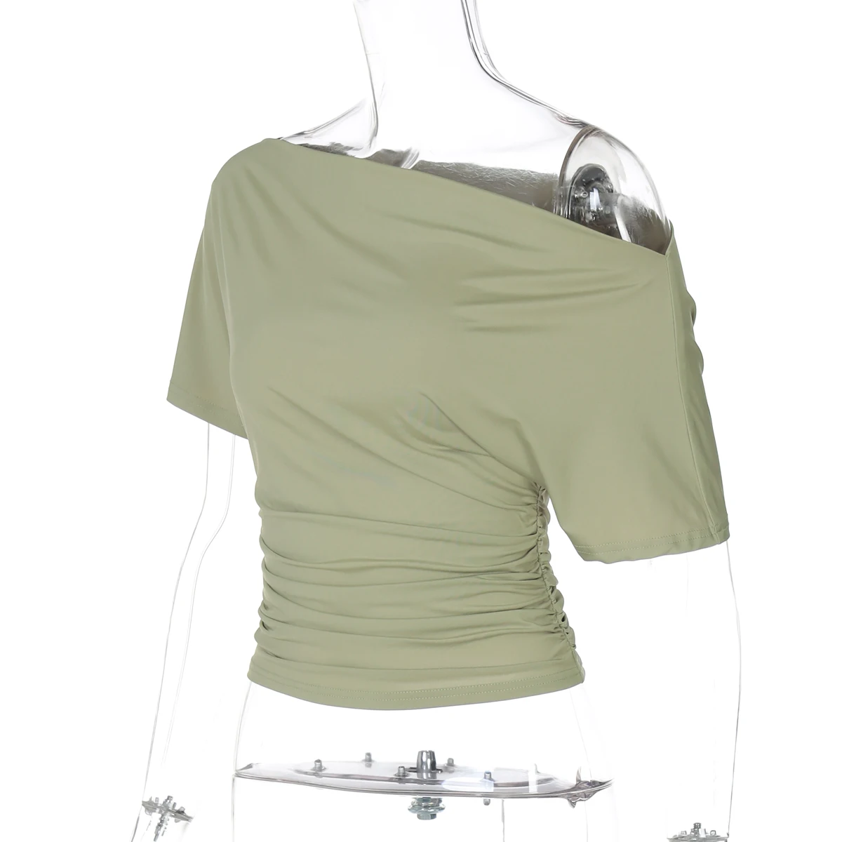 Hugcitar Modisches T-Shirt mit schrägem Kragen, kurzen Ärmeln, einfarbig, sexy, eng anliegend, kurz geschnitten, Damenkleidung, Streetwear, Party, Festival, T-Shirts – Detail 3