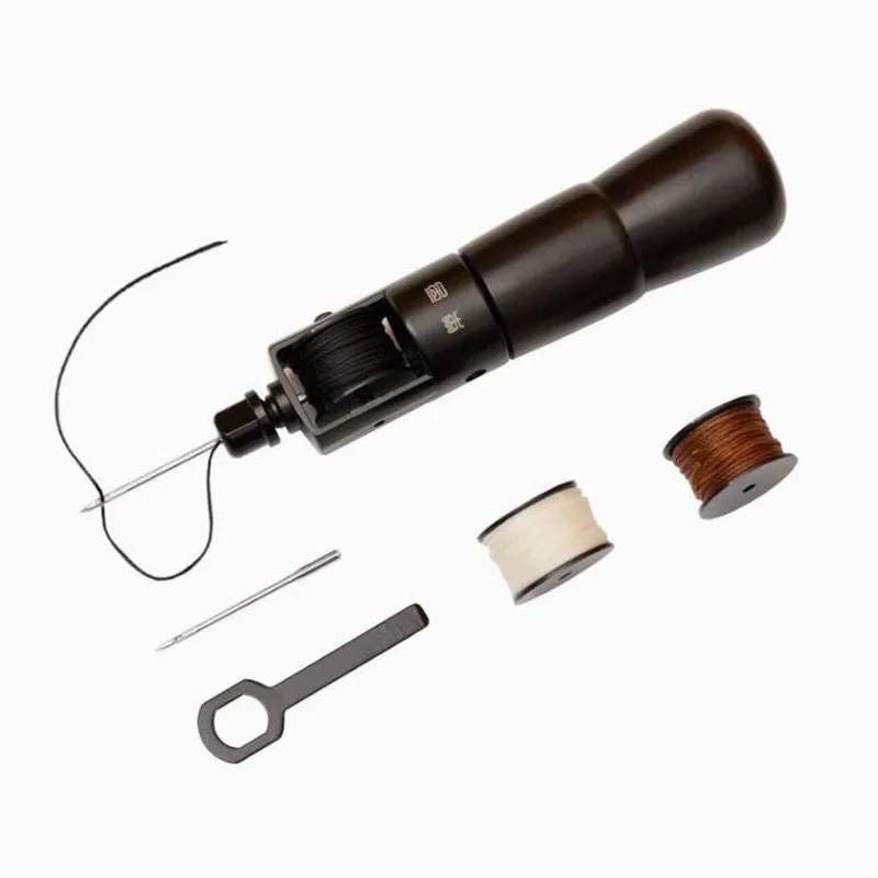 Hand sewing tool for thick leather, leather sewing machine with three-color threaded spool, ebony wood handle leather sewing awl