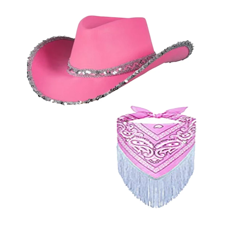 Western Decor Cowboy Hat Fedoras Caps Wide Brim Sequin Cowgirl Hat and Tassel Head Scarf for Women West Party Dress Up Supples