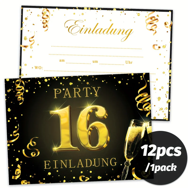 12 قطعة. دعوات عيد ميلاد ذهبية سوداء لـ 16th/18th/20th/30th/40th/50th/60th/70th/80th/90th. أعياد الميلاد - النجم الأنيق #6
