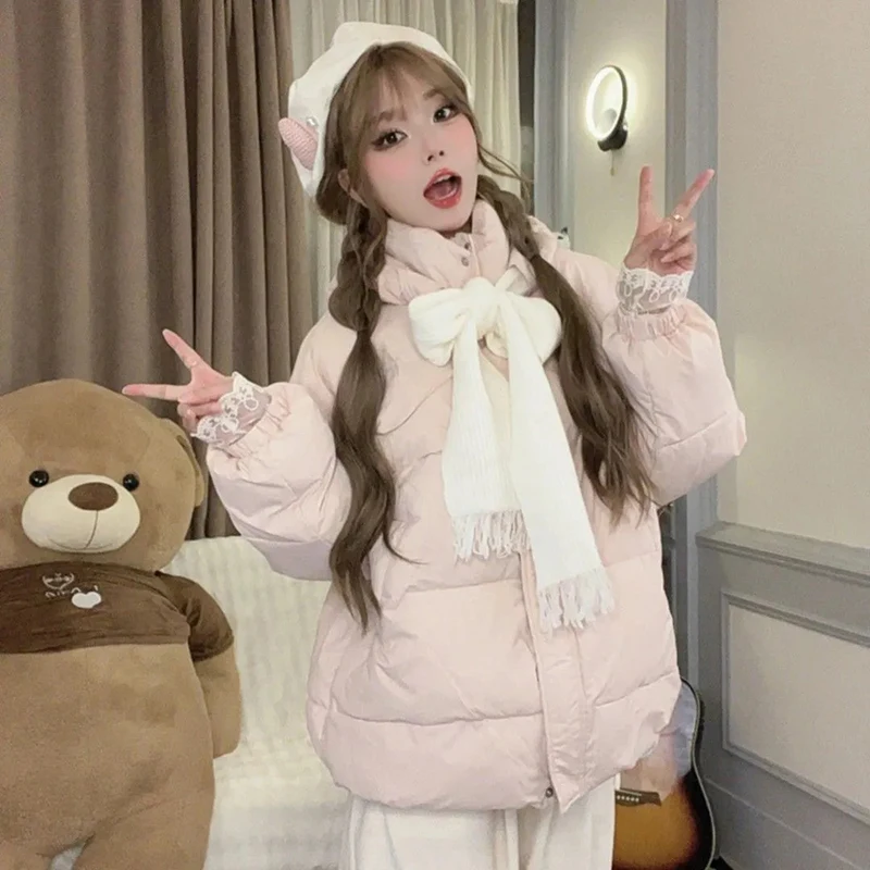 Preppy Sweet Hooded Parkas Women Winter Thick Removable Scarf Cute Puffy Coats Female Kawaii Student Casual Zipper Chic Outwear