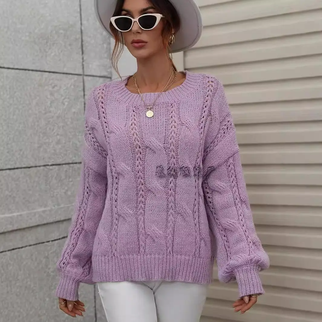 

Loose Women's Knitted Sweater round Ne Twist Rope Design Pure Color Large Size Cross-Border Autumn Winter New Sle