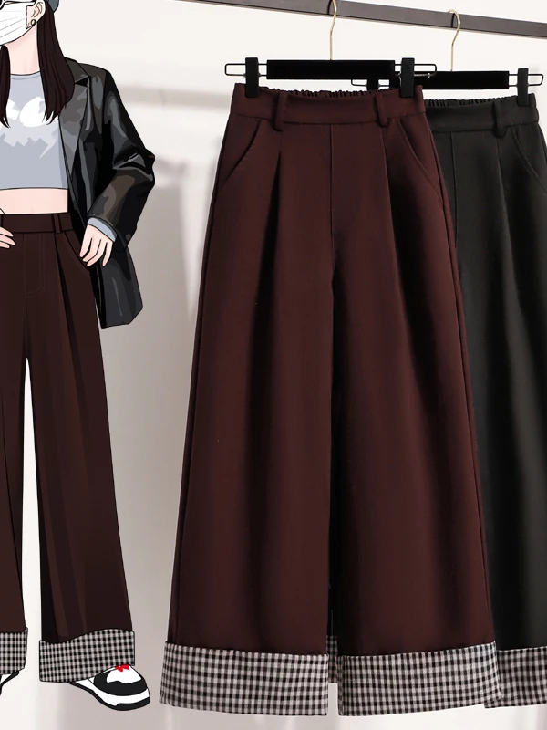 plus Size Plaid Suit Wide Leg Pants Women Casual Trousers Drapey Straight Cut Korean Style High Waist Autumn 2026