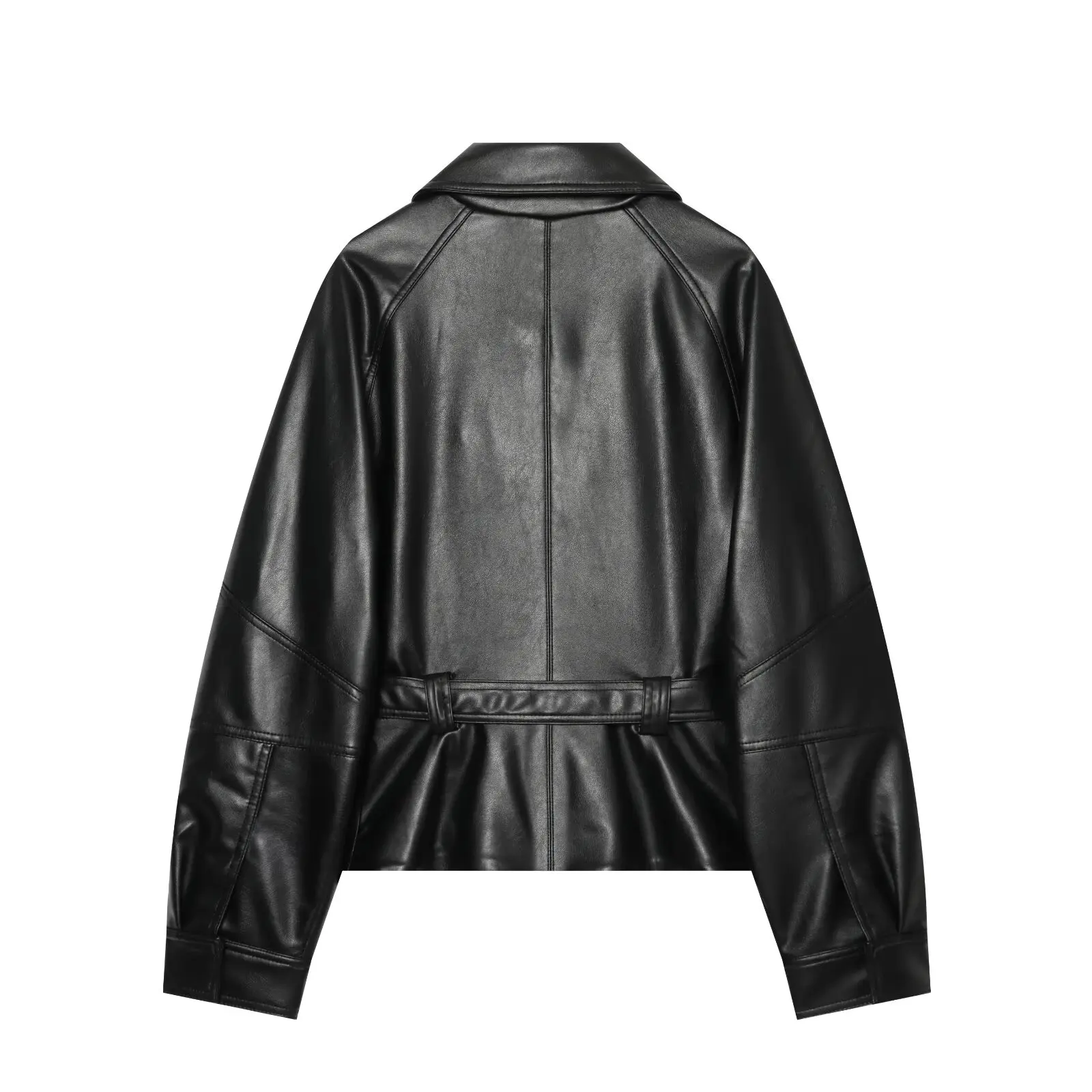 BSAY 2026 Fashion Women Korean Relaxed PU Leather Lapel Collar Belt Tie Jacket Long Sleeve Oversized Autumn Daily Outerwear Coat