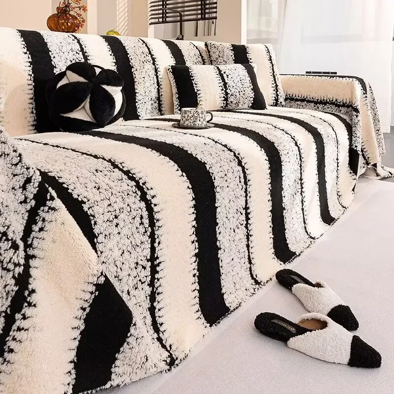 Plush Cotton Velvet Sofa Cover Non-Slip Couch Slipcovers L-shaped Sofa Towel Protector Jacquard Stripes Seat Cushion Blanket