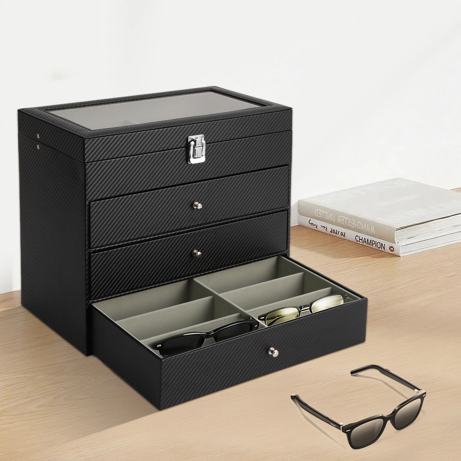 24-Fächer Brillen-Aufbewahrungsbox, 4-stöckiger PU-Leder Sonnenbrillen-Organizer mit transparenter Glasabdeckung, Schmuck- und Uhrenvitrine für Zuhause, abschließbarer staubdichter Metallschrank