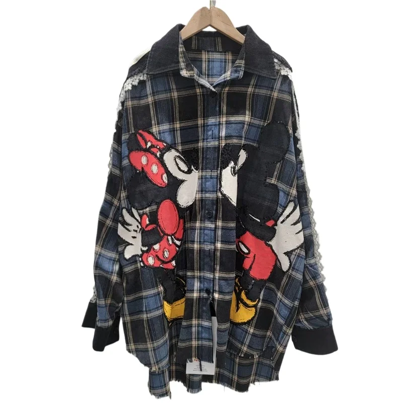 2025 Autumn New Fashion Cartoon Versatile Casual Loose Oversized Long Sleeve Shirt Women's Top Trendy Plaid Shirts for Women