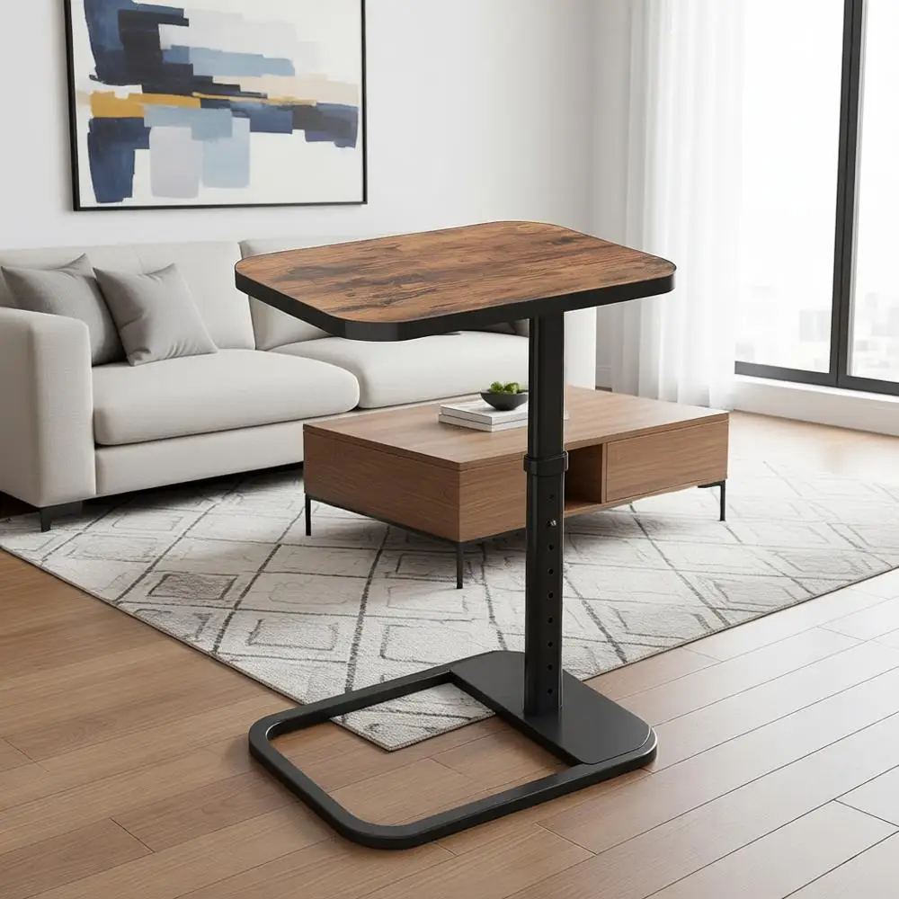 

Adjustable Height TV Tray Table with Lip-Top and Rounded Metal Sides for Snack, Sofa, Bed, Chair, Living Room, C-Shaped End Side