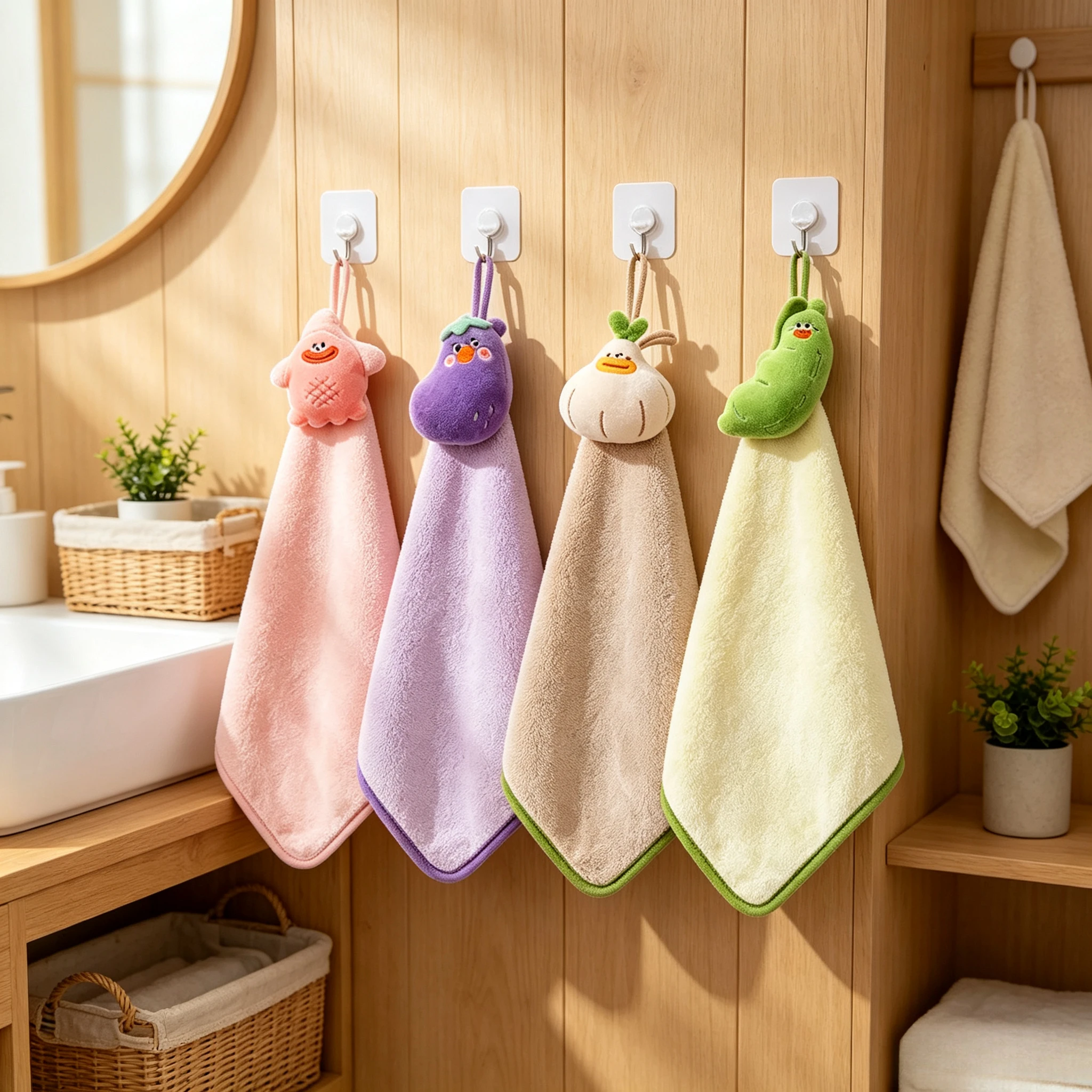 Hand Towel, Absorbent Coral Fleece Hanging Towel, Cute Cartoon Doll Decor, Dual Use for Kitchen Bathroom Cleaning Wipes