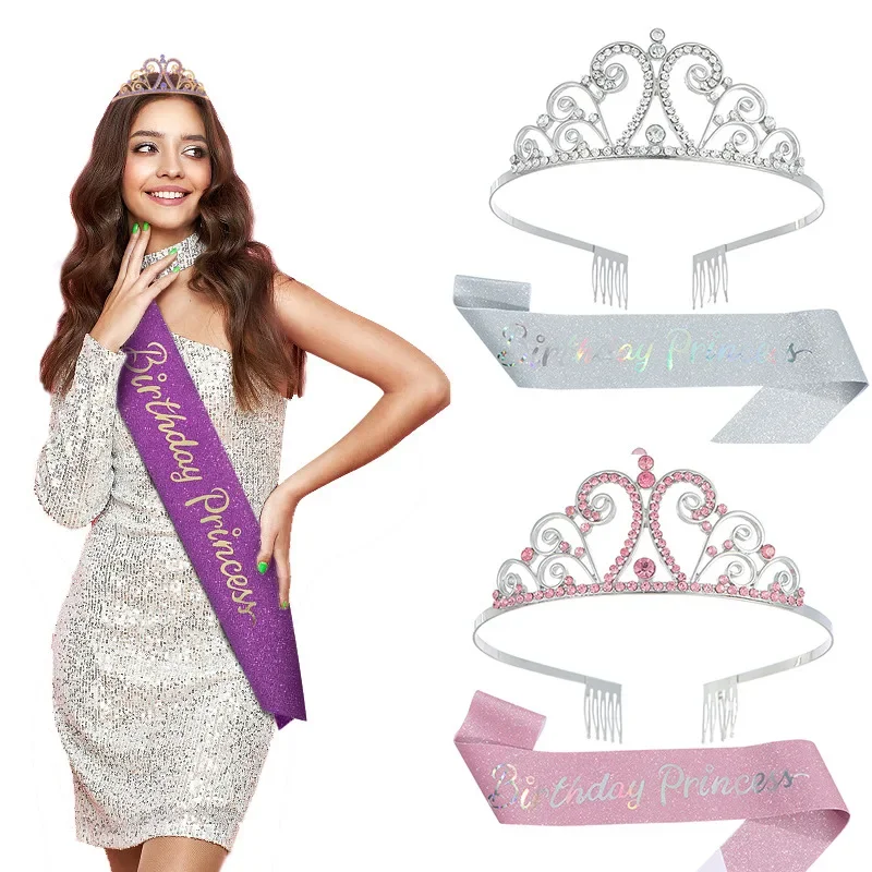 New Purple Birthday Crown Shoulder Strap Set Princess Crystal Crown Bronzing Ceremony Belt Wholesale Girls Accessories Hair Hoop