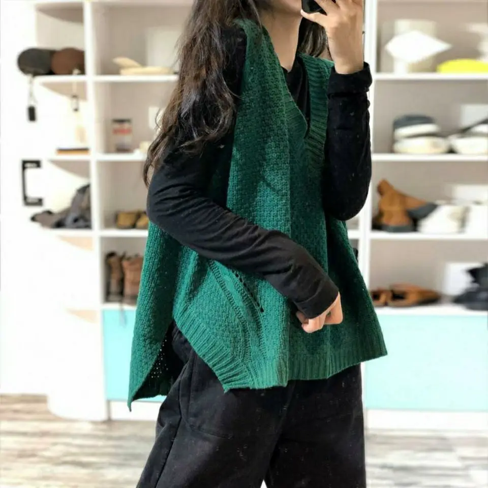 Sweater Vest Women Baggy Ins S-5XL V-neck Solid Loose-fitting Leisure Simple Vintage Classy Female Younger Fashionable Knitting