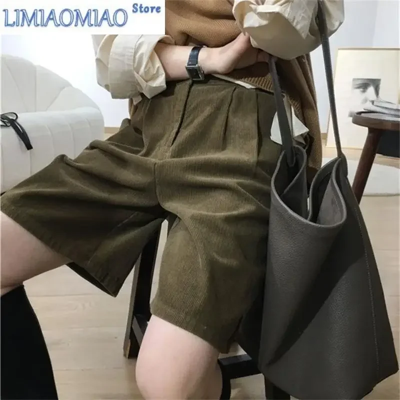 Women's Retro Corduroy A-line Wide Leg Shorts Summer Street Cropped Trousers Young Girl Casual Bottom Female Knee Length Pants