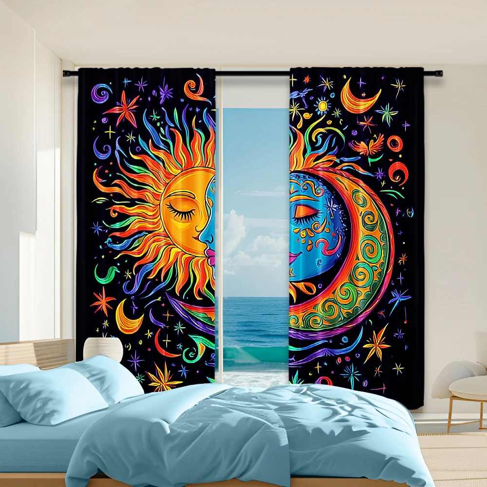 

2Pcs Abstract Sun Moon Pattern Window Curtains Rod Pocket Fantasy Style Decorative Curtain For Kitchen Living Room Office