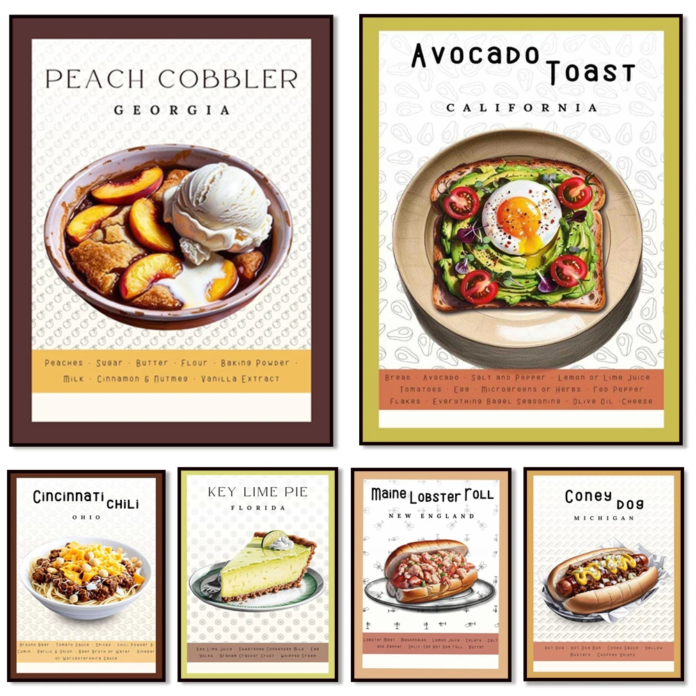 Pulled pork, grilled brisket, lobster roll, key lime pie, cheese steak, peach cobbler, California avocado toast food posters