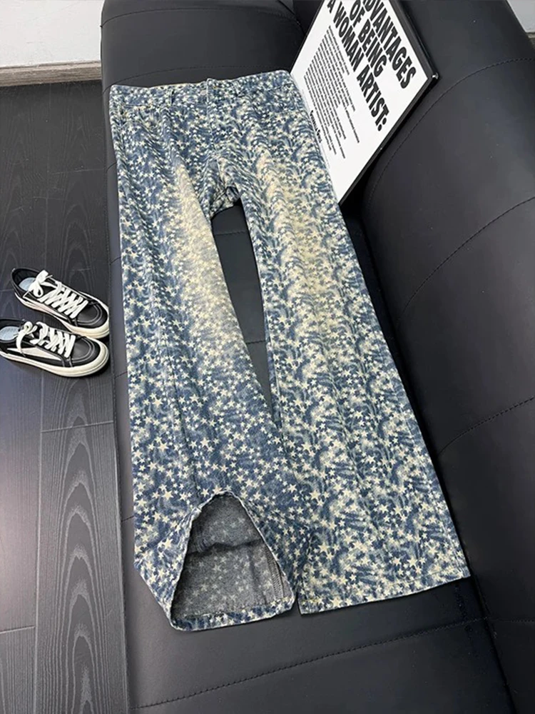 

Tie-Dye Star Embroidery Jeans Men's American Vibe Washed Slim High Waist Straight Leg Micro Flared Long Trousers