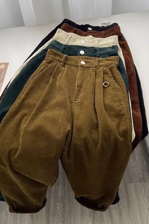 Retro hoge taille corduroy broek dames lente herfst rechte causale volledige lengte broek Koreaanse mode baggy all match zwarte broek