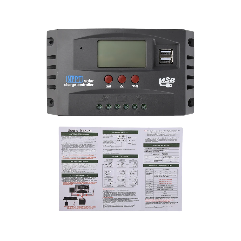 PWM Solar Controller 12V/24V Auto Adaptive LCD Display Dual USB 5V Output Overload Short Circuit Protection for Solar System