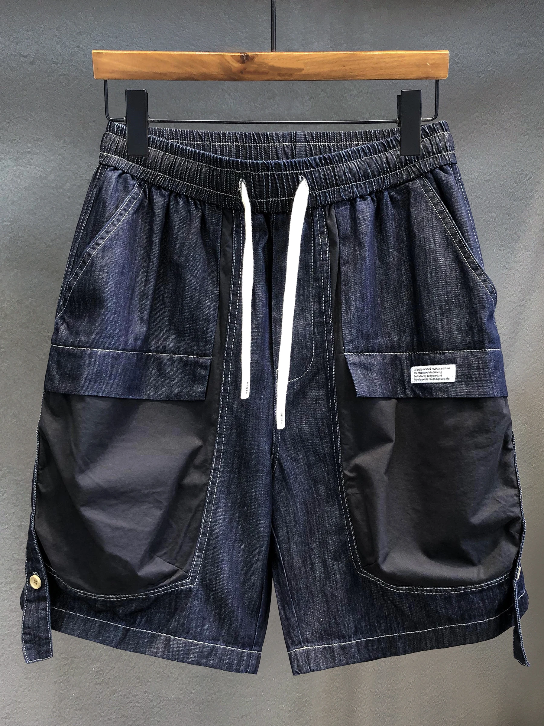 

American Retro Waed Denim orts Loose Straight Leg Men's Summer Casual Jeans mid Waist Dstring Youth Faion