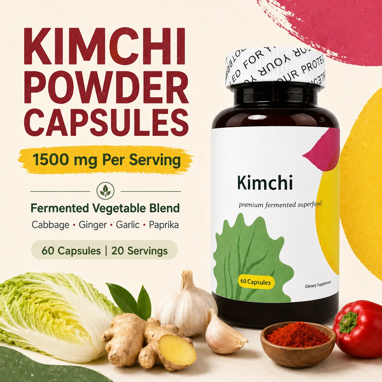 Kimchi Powder Capsules 1500mg Fermented Vegetable Blend with Cabbage Ginger Garlic Paprika, Digestive Wellness Support, 60 Count