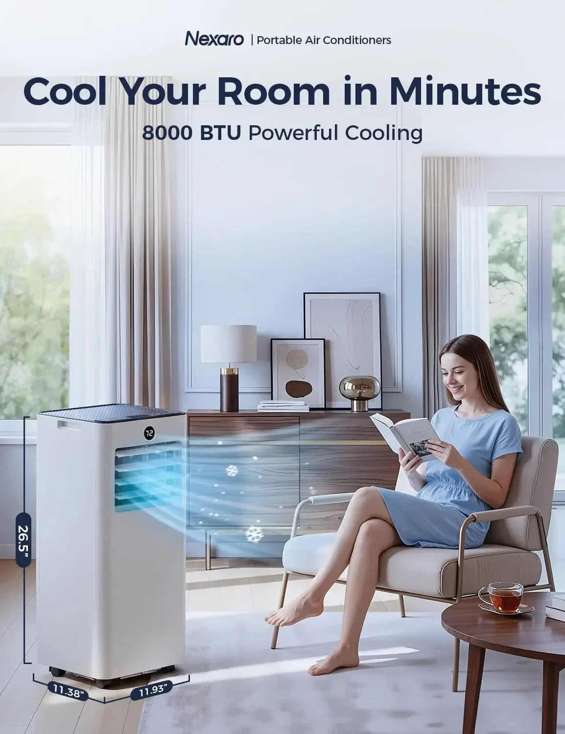 Quiet Portable Air Conditioner 8000 BTU, Cools Rooms up to 350 Sq. Ft, Dehumidifier & Fan Mode, Sleep Mode, 24-Hour Timer, 26 ft