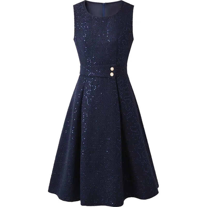 Vestido de lã sem mangas feminino com lantejoulas, vestidos de duas camadas, colete elegante, azul marinho, roupas da moda, outono, inverno, 2022