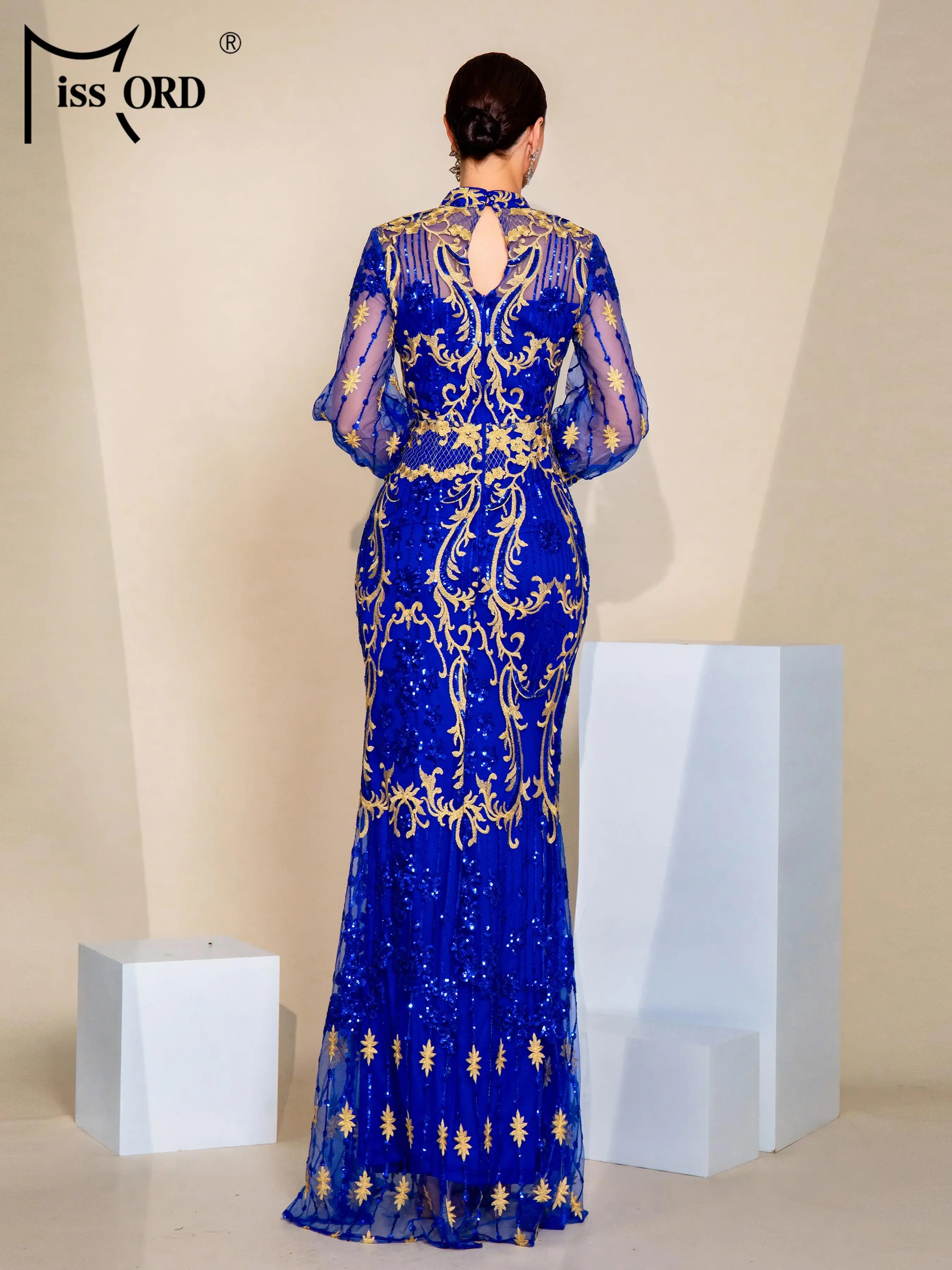 Missord New Round Neck Blue Lantern Sleeves Sequin Mermaid Evening Ethnic Style Wedding Birthday Party Prom Dress