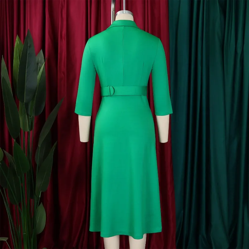 เดรสทรงเอไลน์แขน 3/4 สำหรับผู้หญิง รุ่นใหม่ ปี 2026 ดีไซน์หรูหรา พร้อมเข็มขัด คอปกแบบสูท เหมาะสำหรับใส่ทำงานในฤดูใบไม้ร่วง งานเลี้ยงกลางคืนสไตล์แอฟริกัน และงานปาร์ตี้ที่คลับ