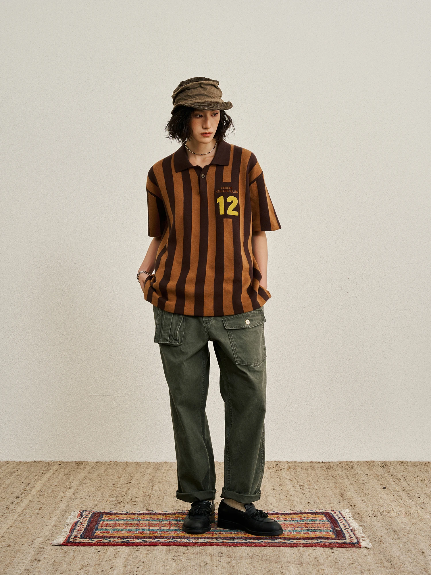 CENLES SS26 Knitted  Shirt Retro Color Block Striped Sports T-Shirt Flip Collar Breathable Cotton Short Sleeve Men's Fashion