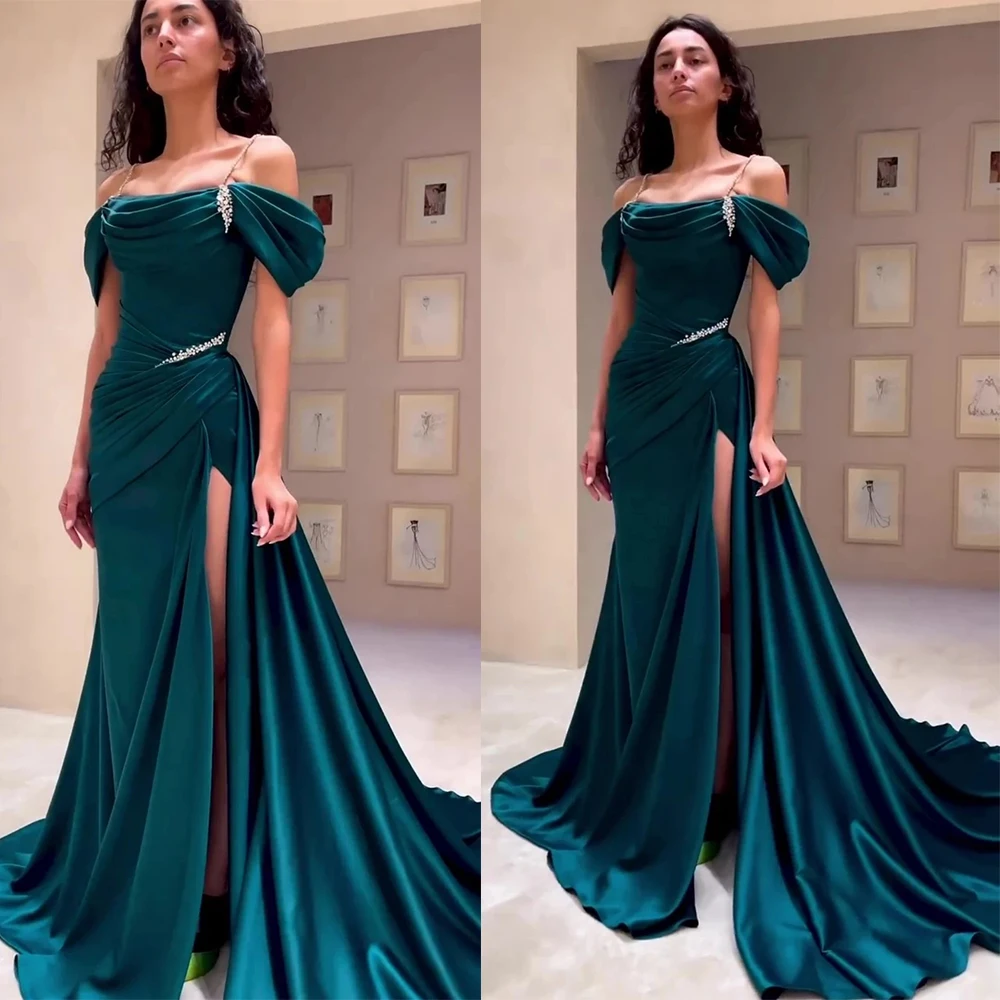 

Sexy Spaghetti Straps Evening Dress Beading Pleats Split A-Line Prom Dress Off the Shoulder Wedding Party Gowns Robes De Soirée